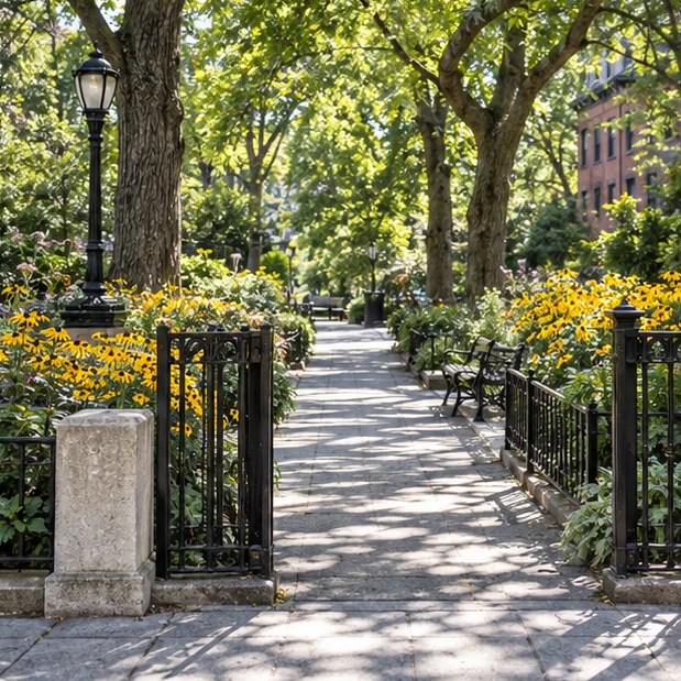 A leafy city sidewalk lined with iron railings and flower beds
