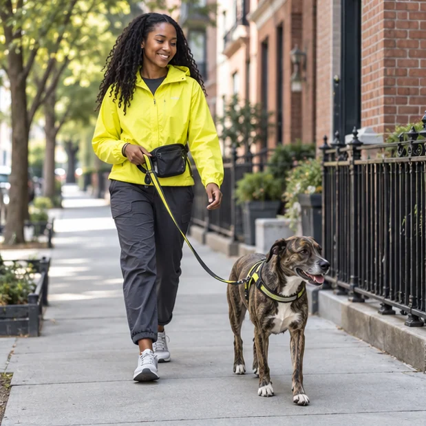 A woman in a bright yellow jacket walking a brindle dog along a tree-lined city sidewalk