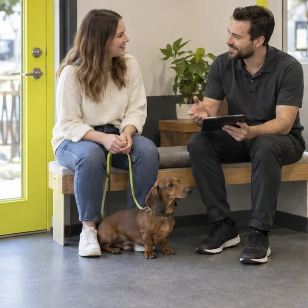 An owner and a team member chatting on a bench while a dachshund sits between them